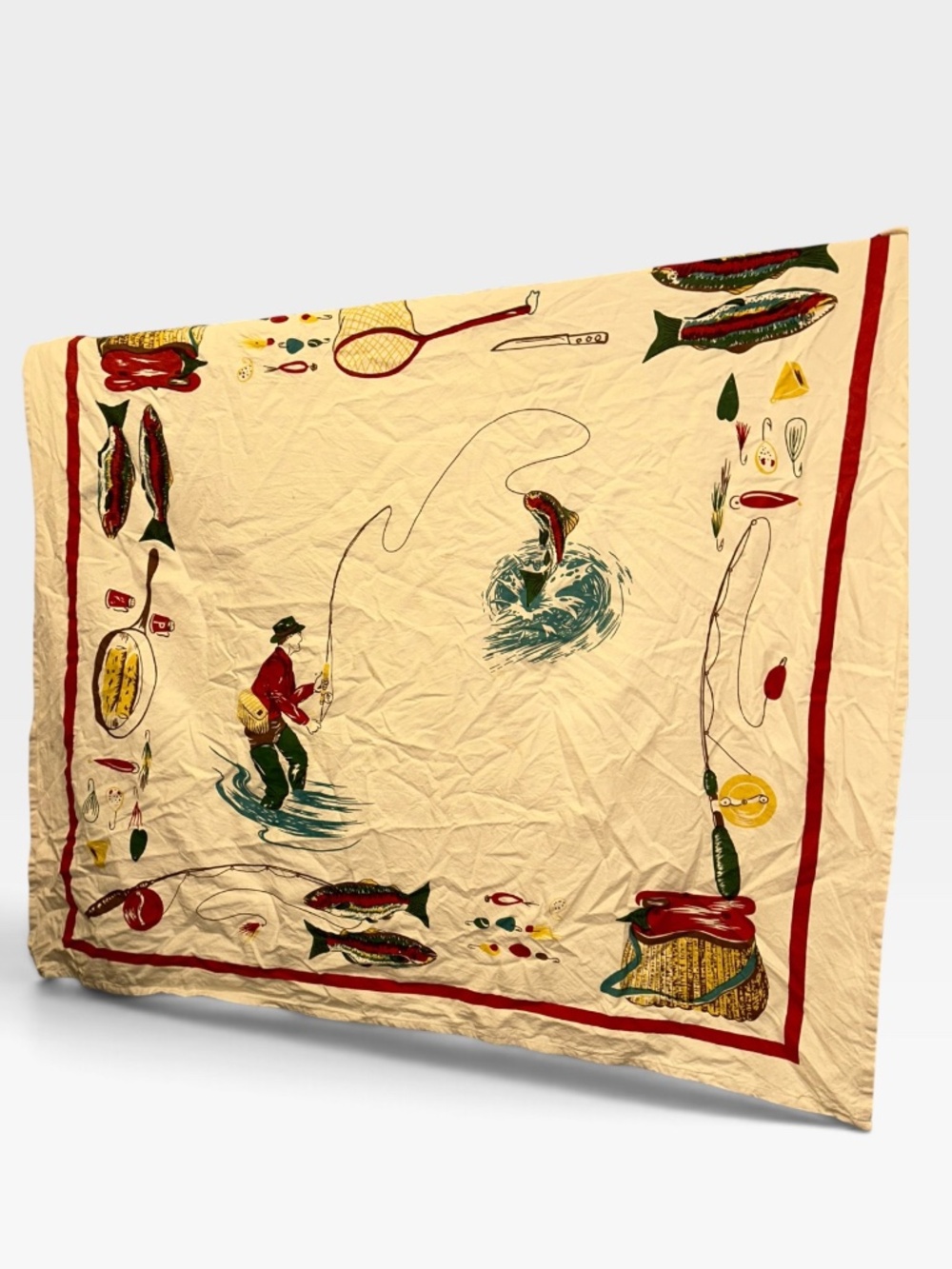 Moda Home Fishing Fisherman reels fish vintage-inspired asnew cotton tablecloth